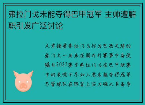 弗拉门戈未能夺得巴甲冠军 主帅遭解职引发广泛讨论